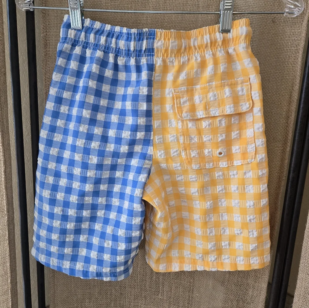 Boy's Wonder Nation Yellow Blue Gingham Seersucker Swim Trunks Size 8 - Picture 10 of 11